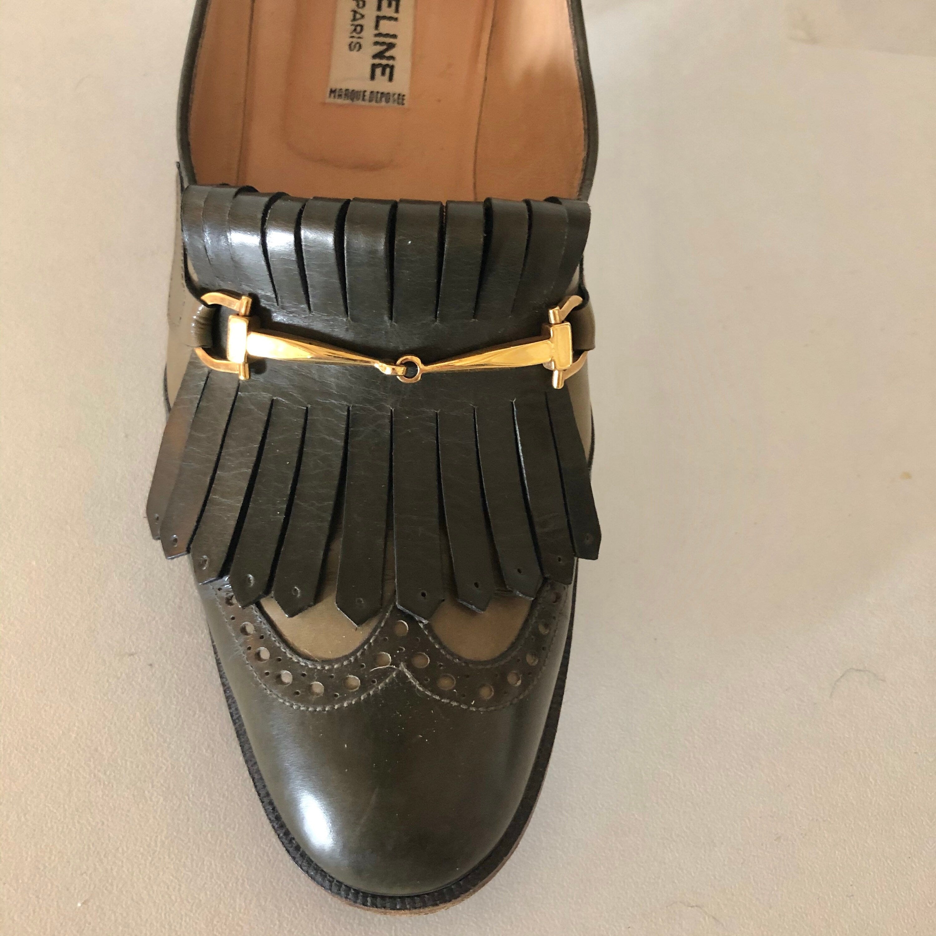 Vintage CELINE green Leather Fringes horsebit heels Loafers 37 FR