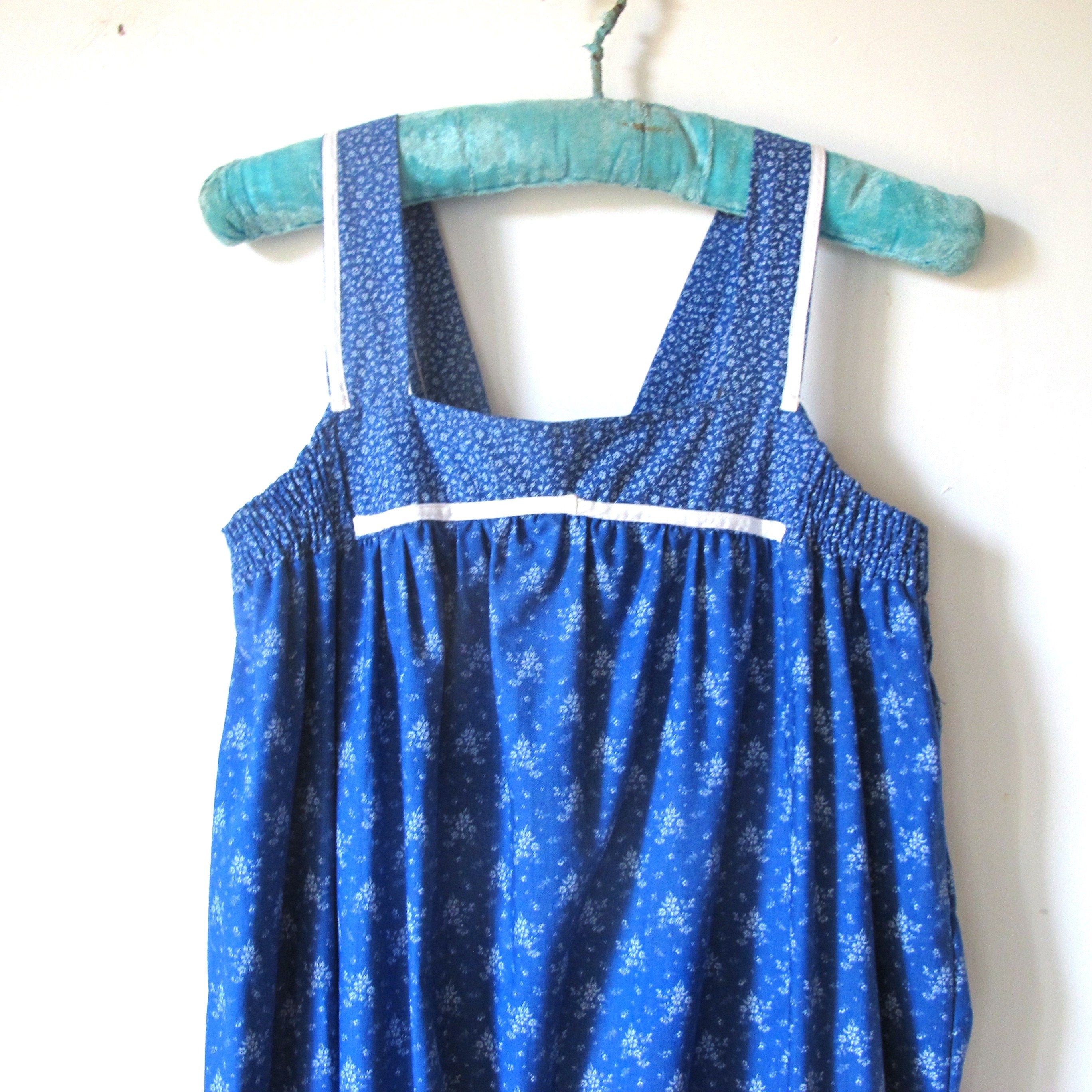 VIntage 70's French Ditsy Floral Blue cotton folk summer dress