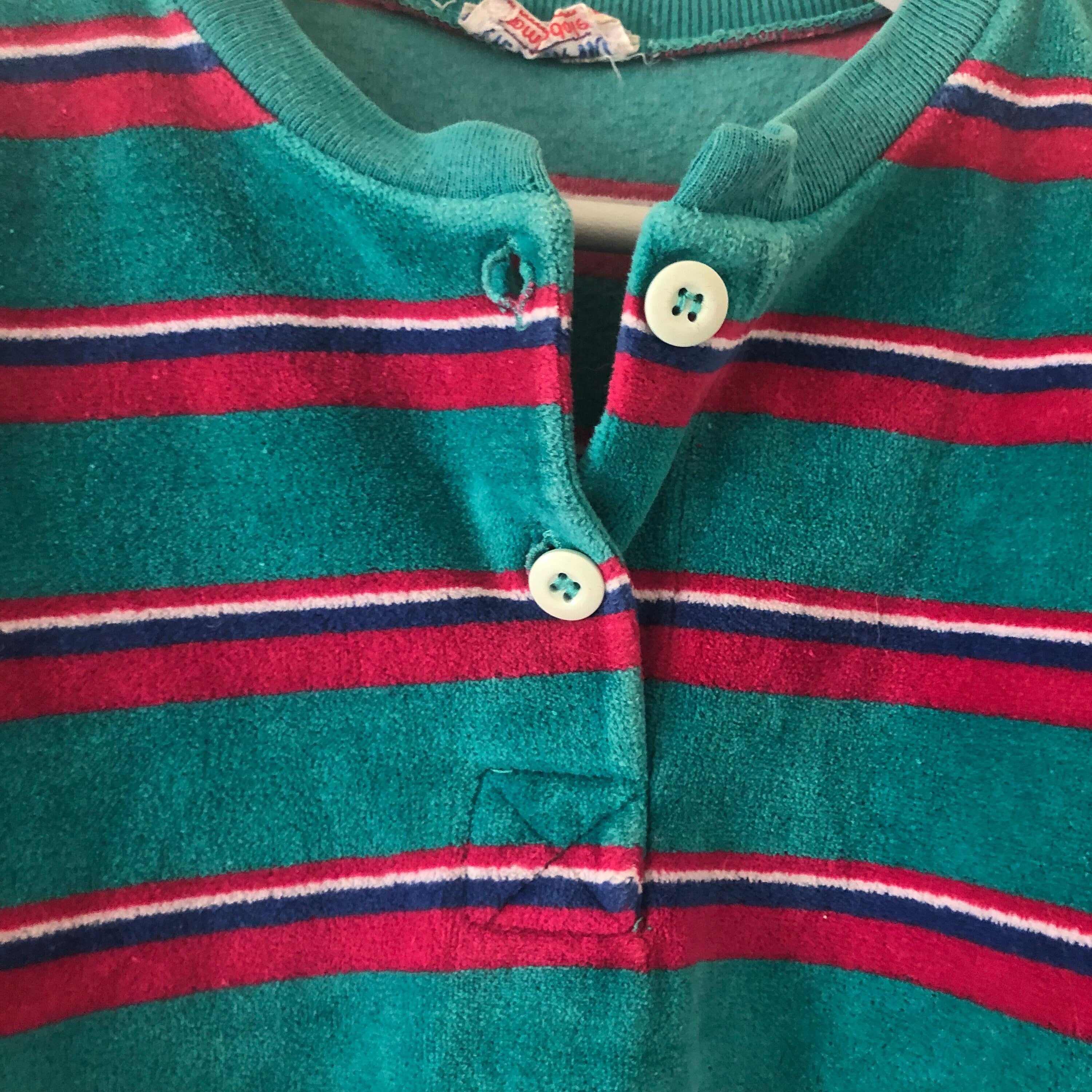 Vintage 70s Bloomingdale's velours turquoise striped sweat-shirt made in usa S|M