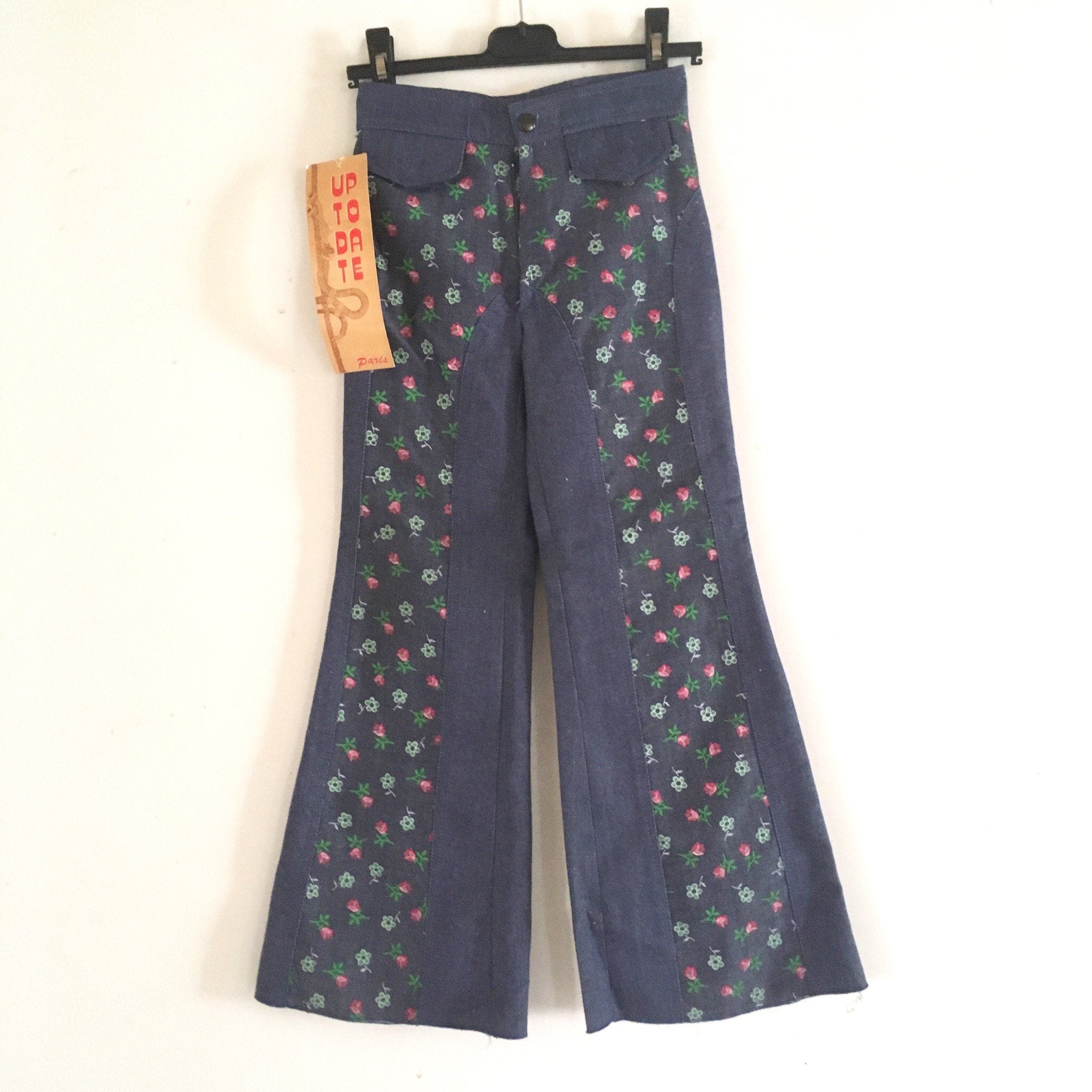 70s Vintage Kids Floral Bell Bottom Jeans • French Deadstock 4 years or 8 years