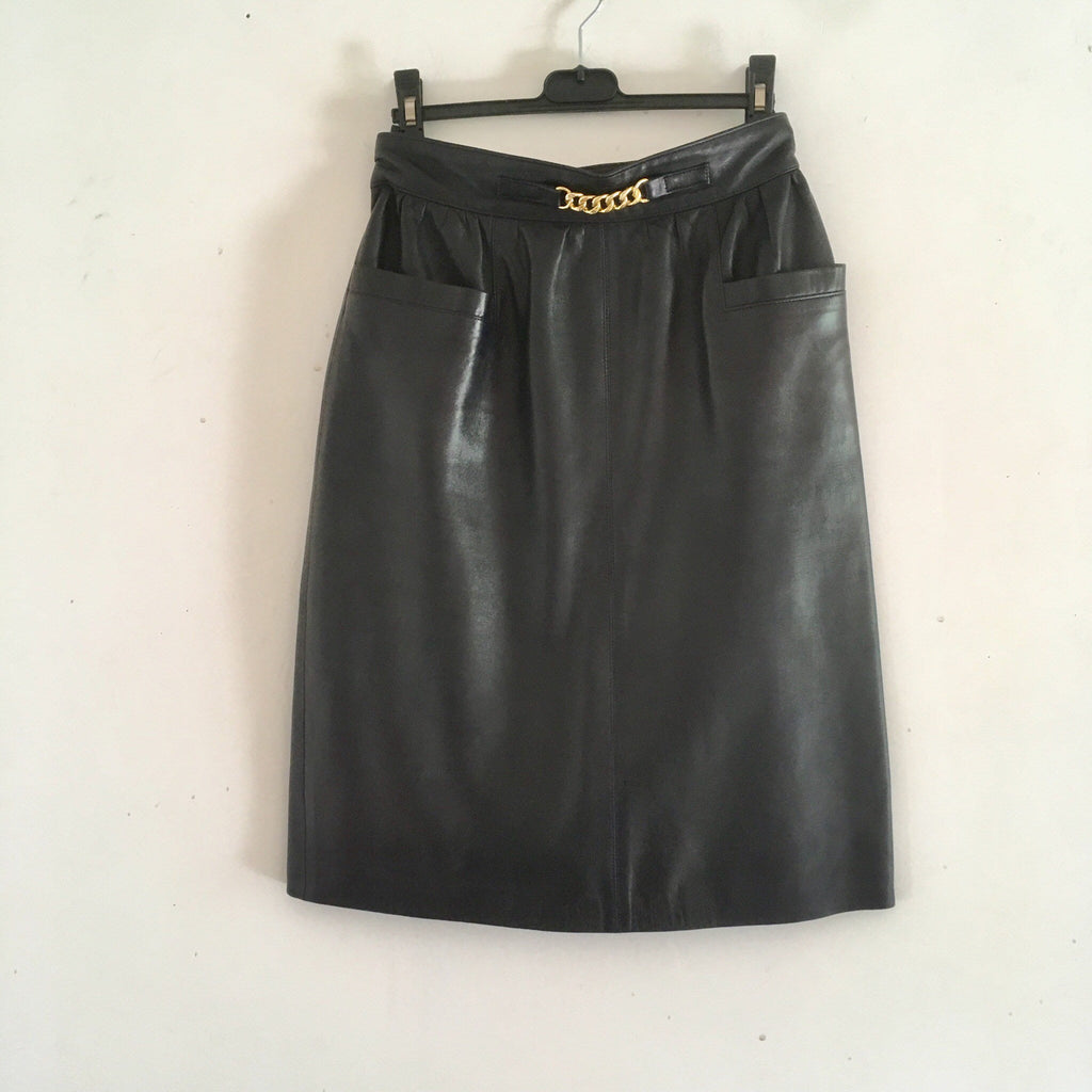 Vintage Celine dark blue lambskin leather high waisted skirt with gold chain brass 36/38