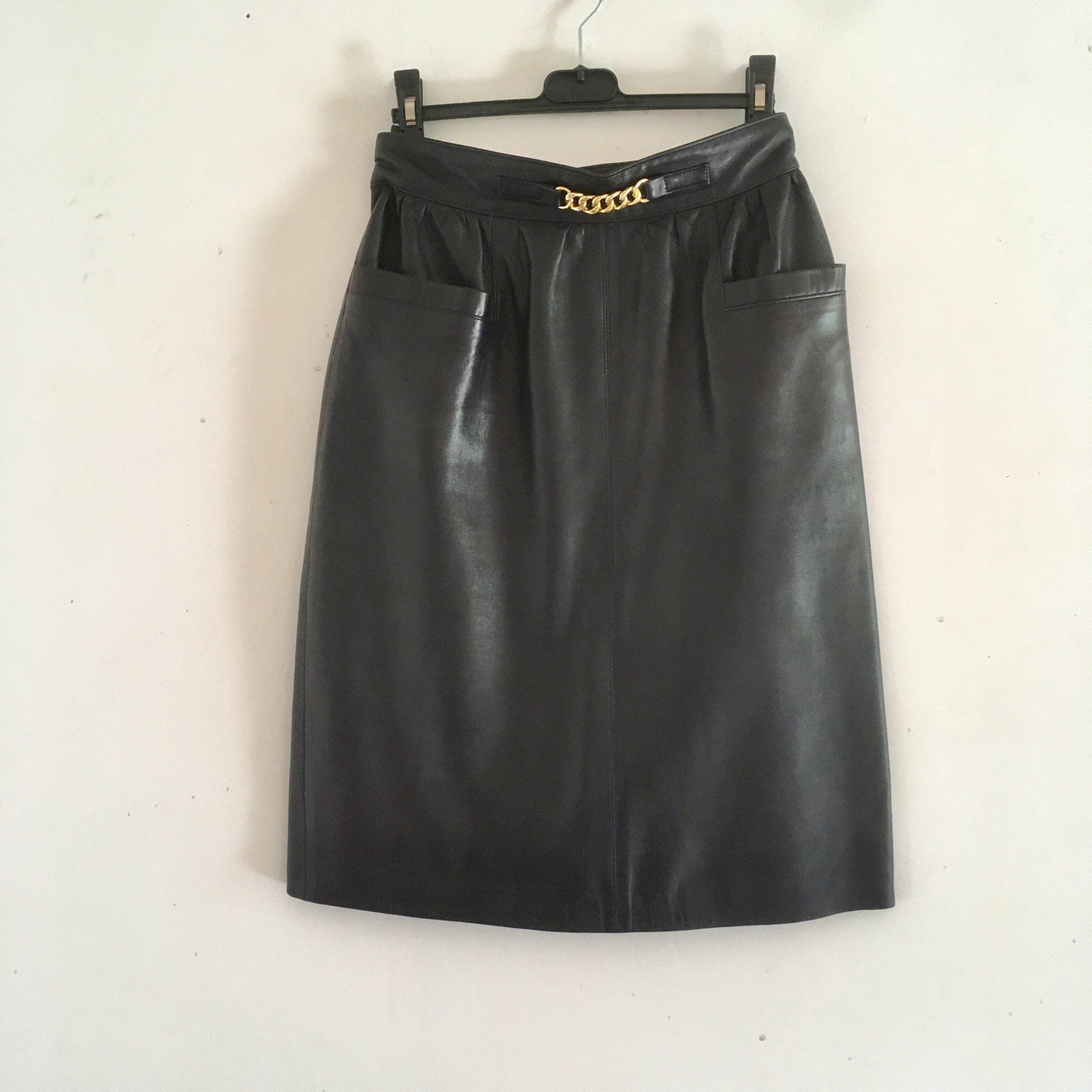 Vintage Celine dark blue lambskin leather high waisted skirt with gold chain brass 36/38