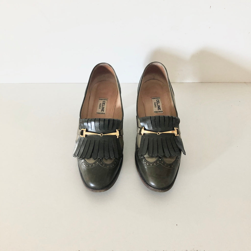 Vintage CELINE green Leather Fringes horsebit heels Loafers 37 FR