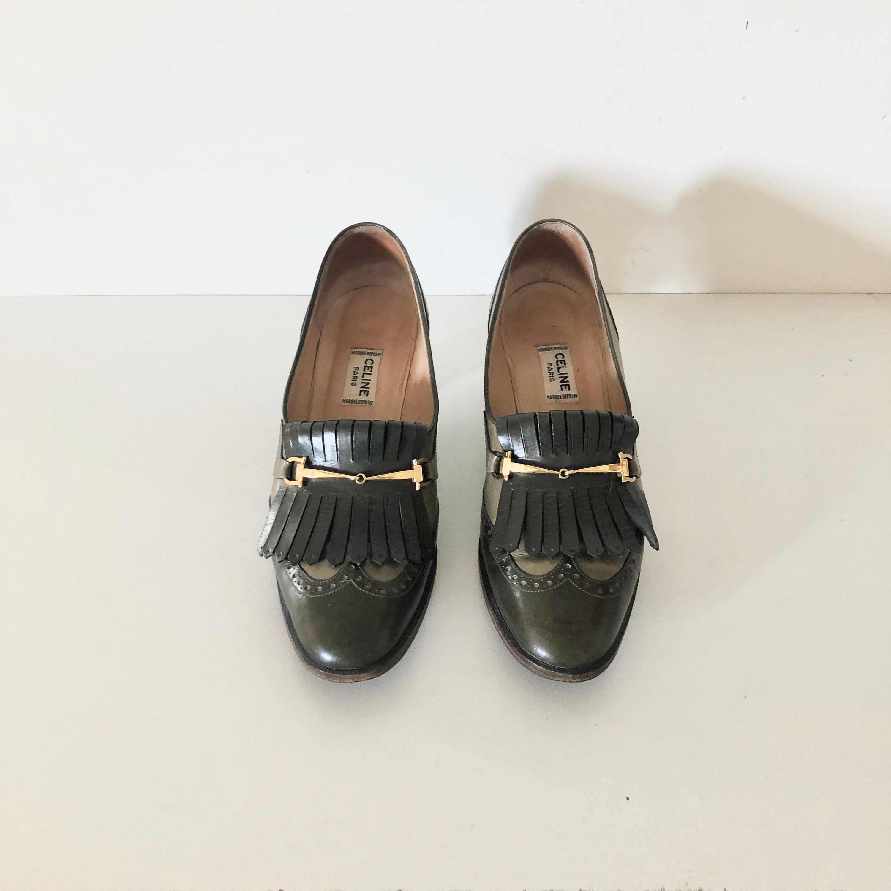 Vintage CELINE green Leather Fringes horsebit heels Loafers 37 FR