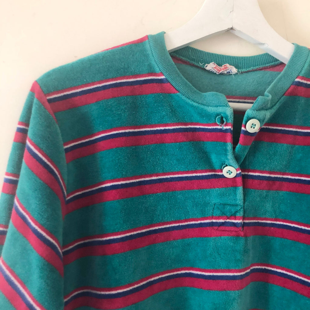 Vintage 70s Bloomingdale's velours turquoise striped sweat-shirt made in usa S|M